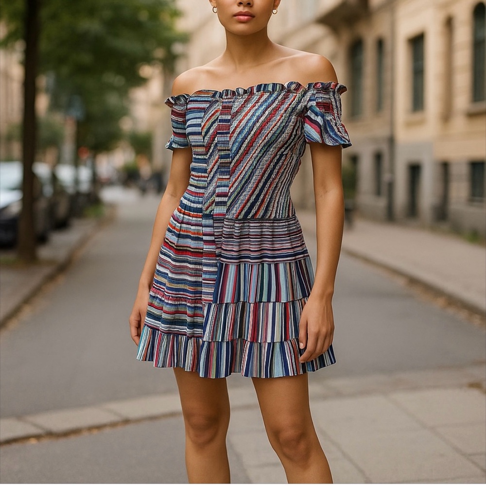 PARKER NY Striped Multicolored Party Off-Shoulder Mini Dress